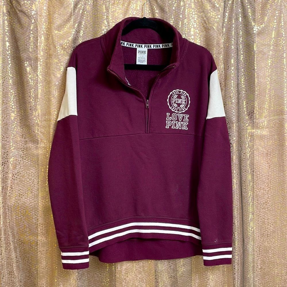 PINK Victoria’s Secret purple wine maroon/white 1/4 zip pullover sweater, size L